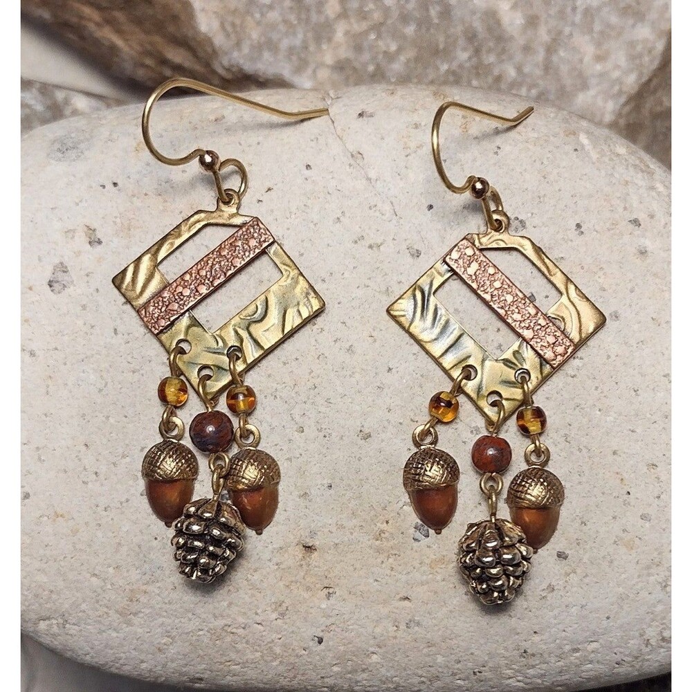 Vintage Silver Forest Acorn Pinecone Tri Metal Earrings 18k Over Surgical Steel
